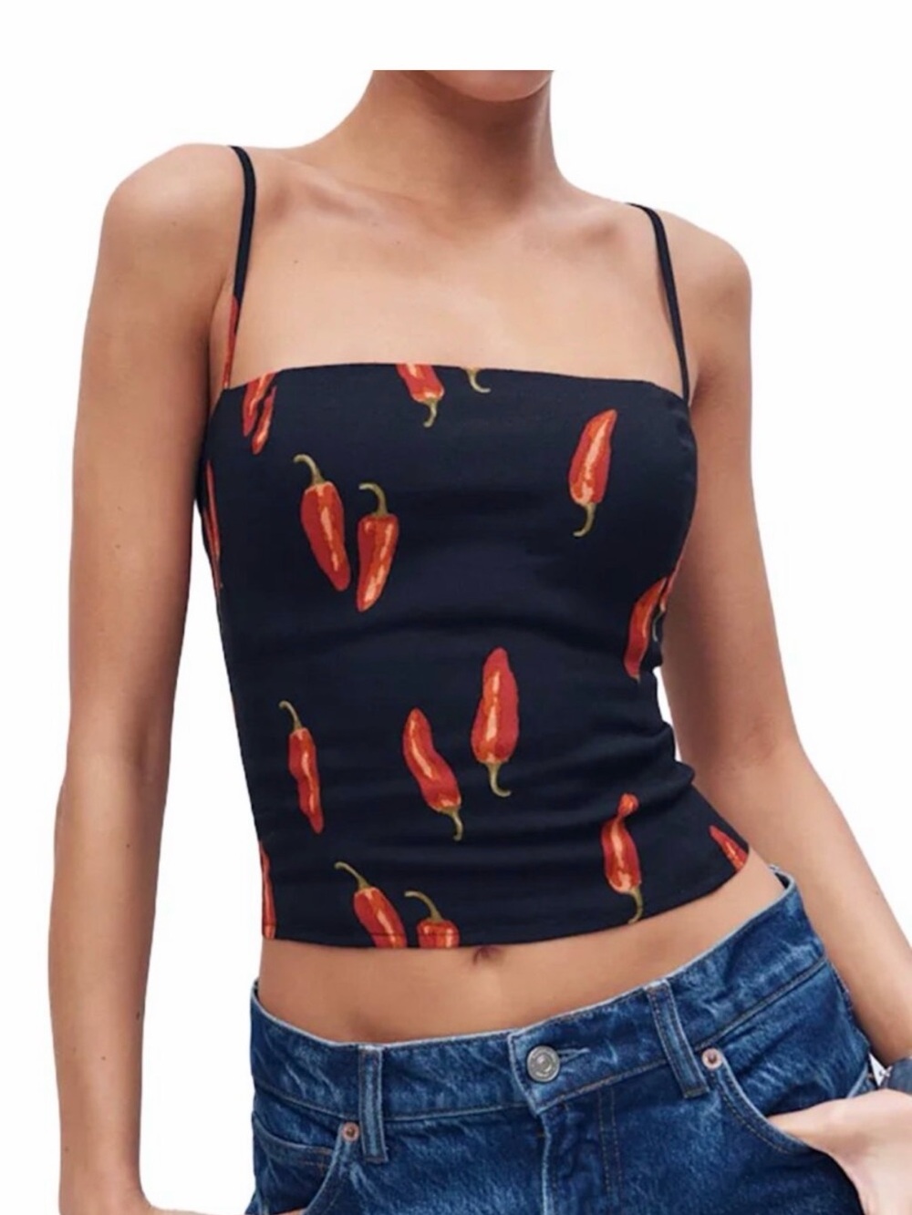 Reformation Black Chili Pepper Print Spaghetti Strap Camisole